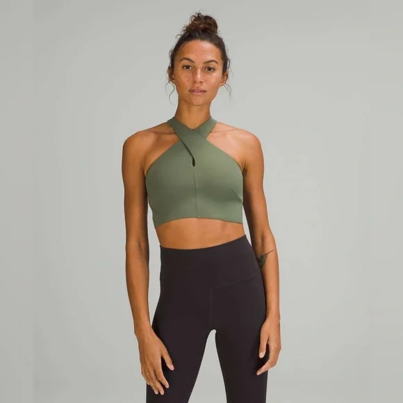 Lululemon Nulu Wrap-Front Longline Bra *Light Support, A/B Cup Green Twill sz 4 - Picture 1 of 8